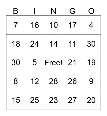 Number Bingo Card