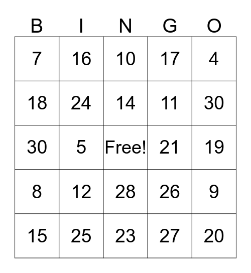Number Bingo Card