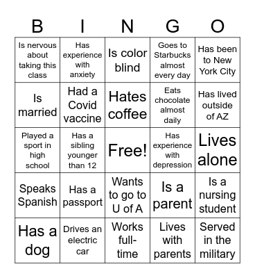 PSY 101 First Day!! Bingo Card