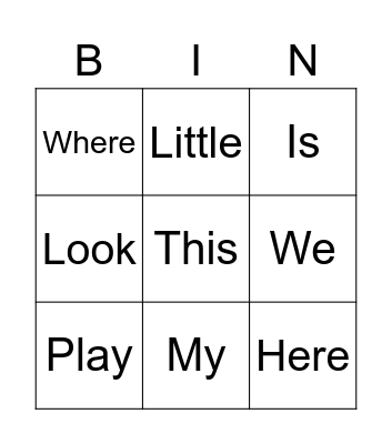 Sight Words Bingo Card
