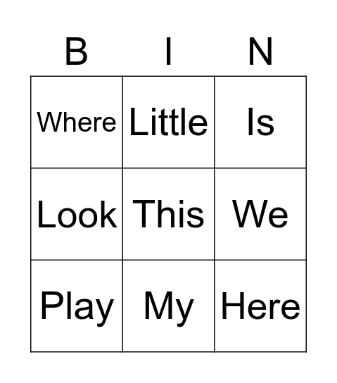 Sight Words Bingo Card