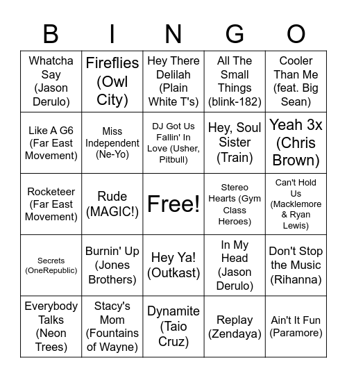 Throwback Bingo Card