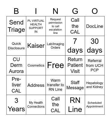 Transplant/Derm Bingo Card