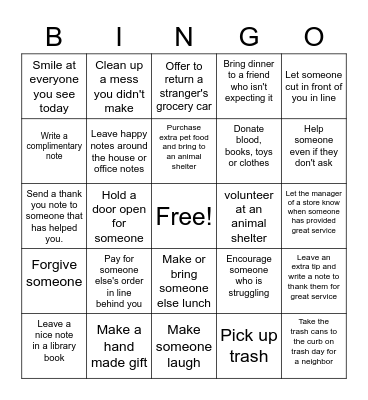 Random Acts of Kindness Bingo Card