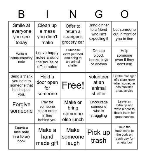 Random Acts of Kindness Bingo Card