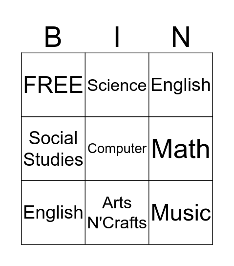 School Subjects Bingo Card