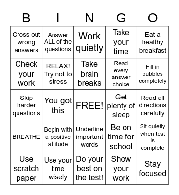 Test Taking Strategies Bingo Card
