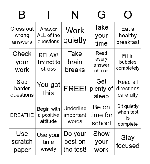 Test Taking Strategies Bingo Card