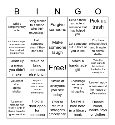 Random Acts of Kindness Bingo Card