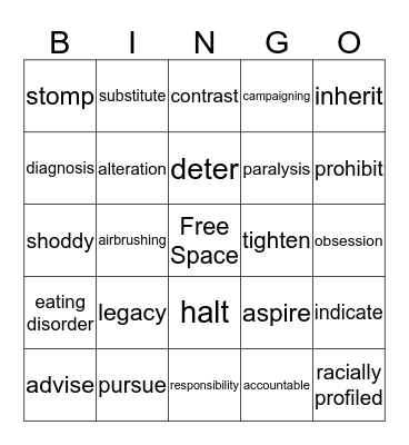 Body Image Reading Vocabulary Bingo Card
