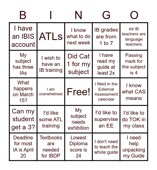 IB Diploma Bingo Card Bingo Card