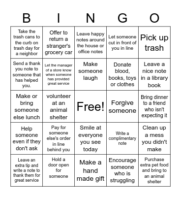 Random Acts of Kindness Bingo Card