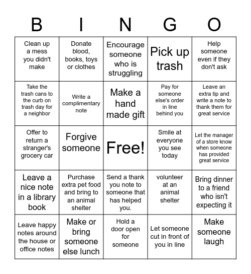 Random Acts of Kindness Bingo Card