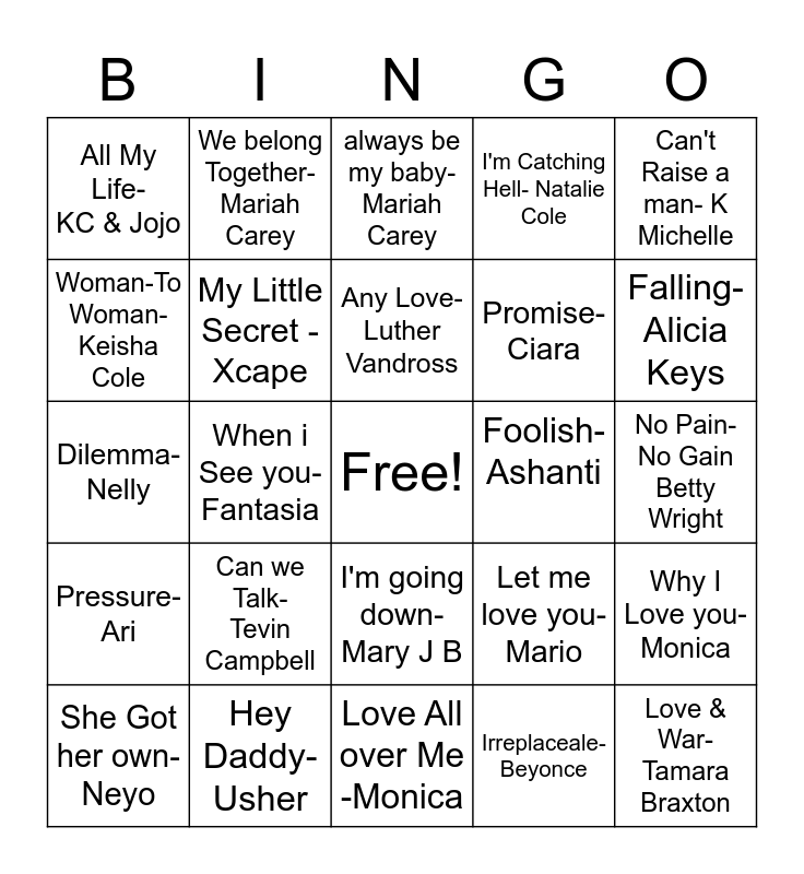 R&B BINGO Card