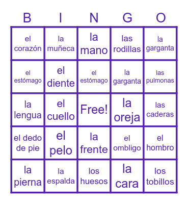 (SPANISH 3) LOS PARTES DEL CUERPO Bingo Card