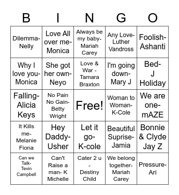 R&B Bingo Night Bingo Card