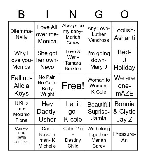 R&B Bingo Night Bingo Card