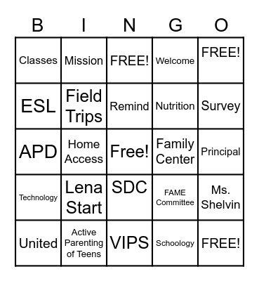 Family Center Opening Day Bingo Card