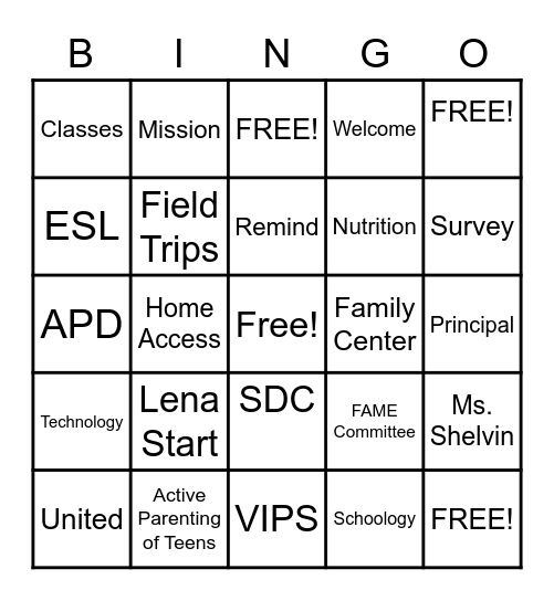 Family Center Opening Day Bingo Card