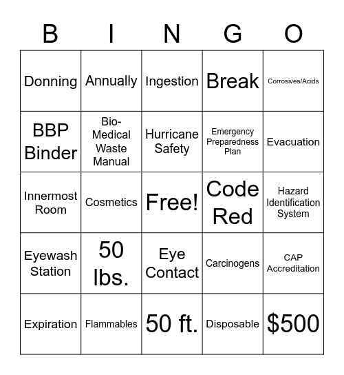 OSHA Bingo Card