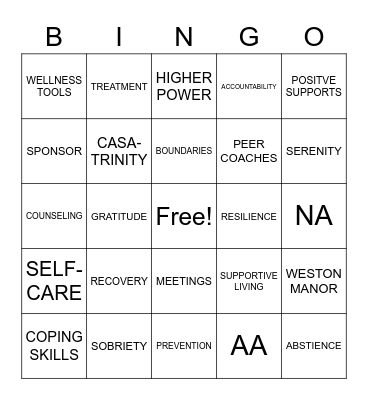 RECOVERY Bingo Card