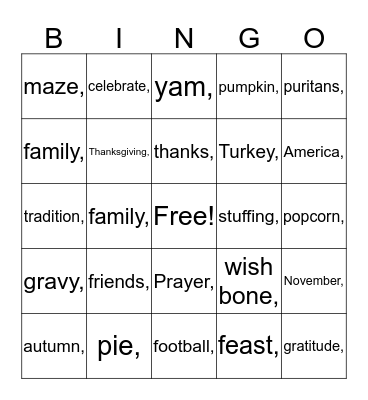 Thanksgiving  Bingo Card