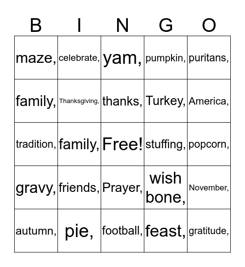 Thanksgiving  Bingo Card