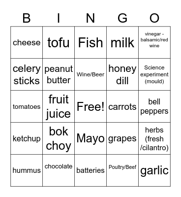 What is in your fridge? Bingo Card