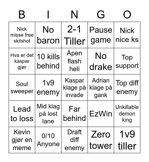 Tiller Esports Bingo Card
