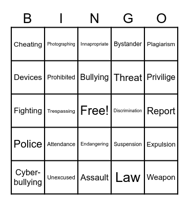 Code of Behavior Bingo Card