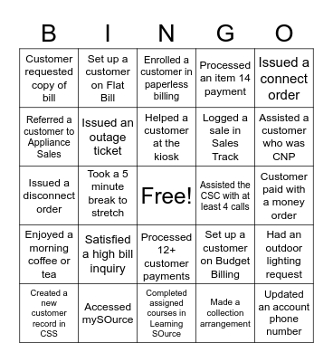 Customer Service Bingo Card