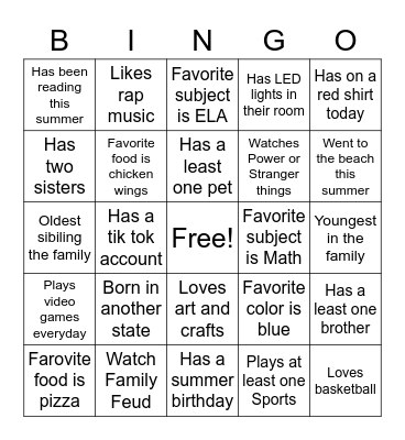 All About Me Bingo Card