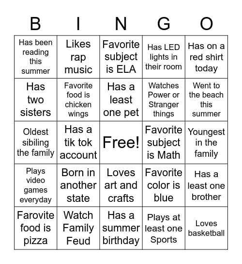 All About Me Bingo Card