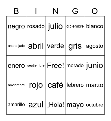 Colores y Calendario Bingo Card