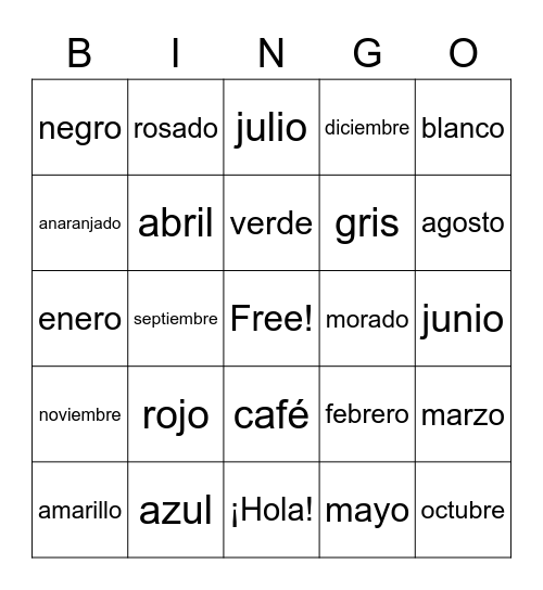 Colores y Calendario Bingo Card