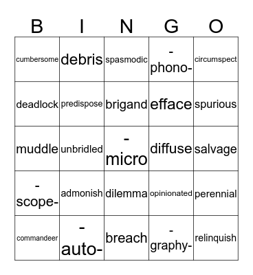 Vocabulary Bingo! Bingo Card