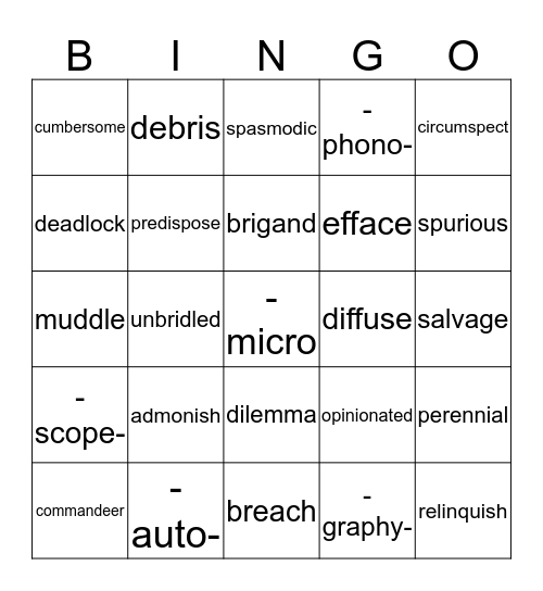 Vocabulary Bingo! Bingo Card