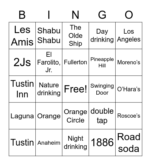 Where in SoCal is Drunk Ryan Bingo Card