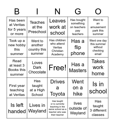 Teacher Bingo Card