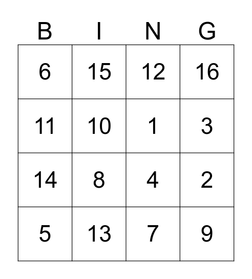 Number Bingo Card