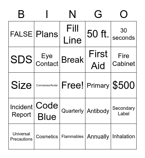 OSHA Bingo Card