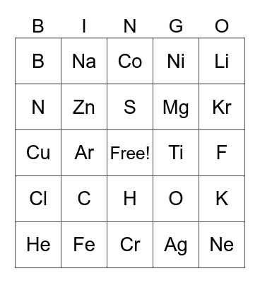Periodic Table Bingo Card