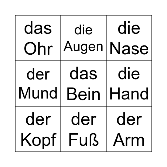 Mein Körper Bingo Card