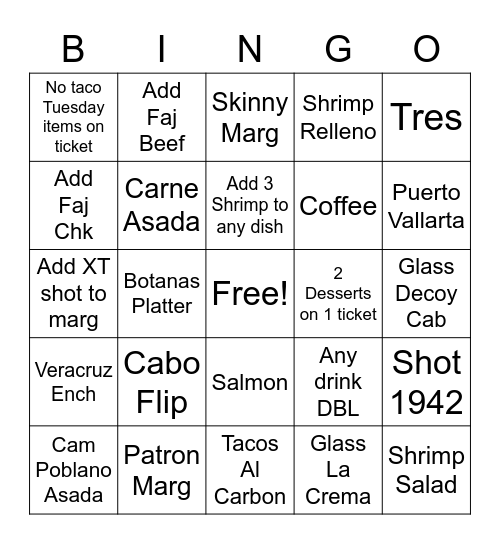 Cantina BINGO!!!! Bingo Card