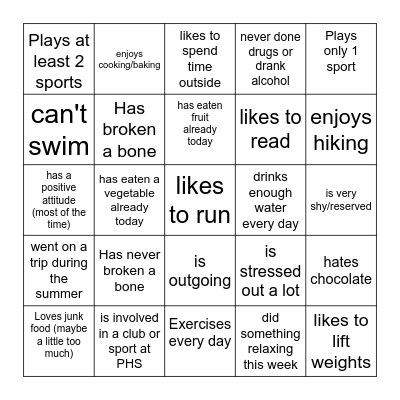 Healthy Lifestyle Get to Know you Bingo Card