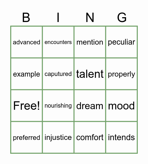 Vocabulary Bingo Card