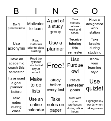 Academic Coaching Bingo Card