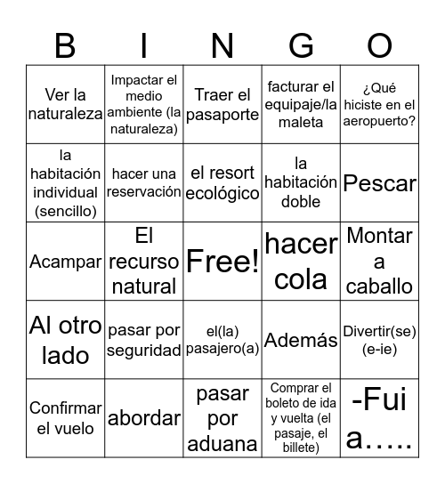 Spanish 2H unidad 2 Bingo Card