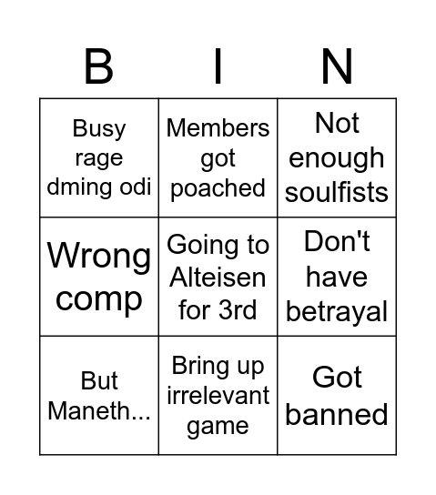 Brandong Excuses Bingo Card