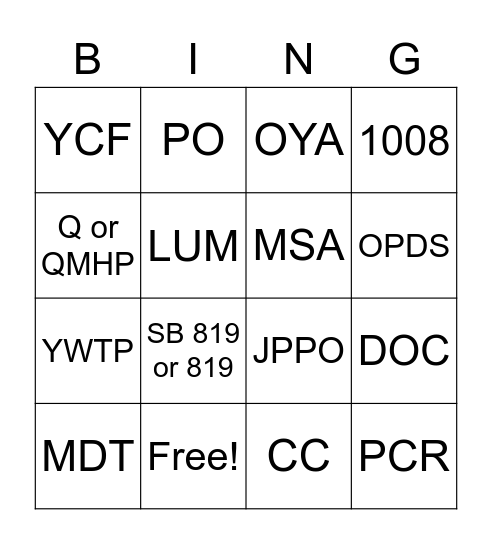 Acronym Bingo Bingo Card